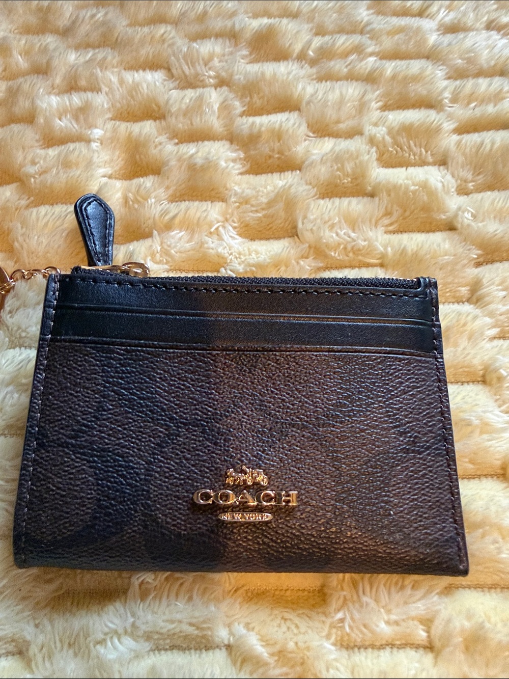 Coach Black Pebbled Leather Zip Card Case with Gold Logo